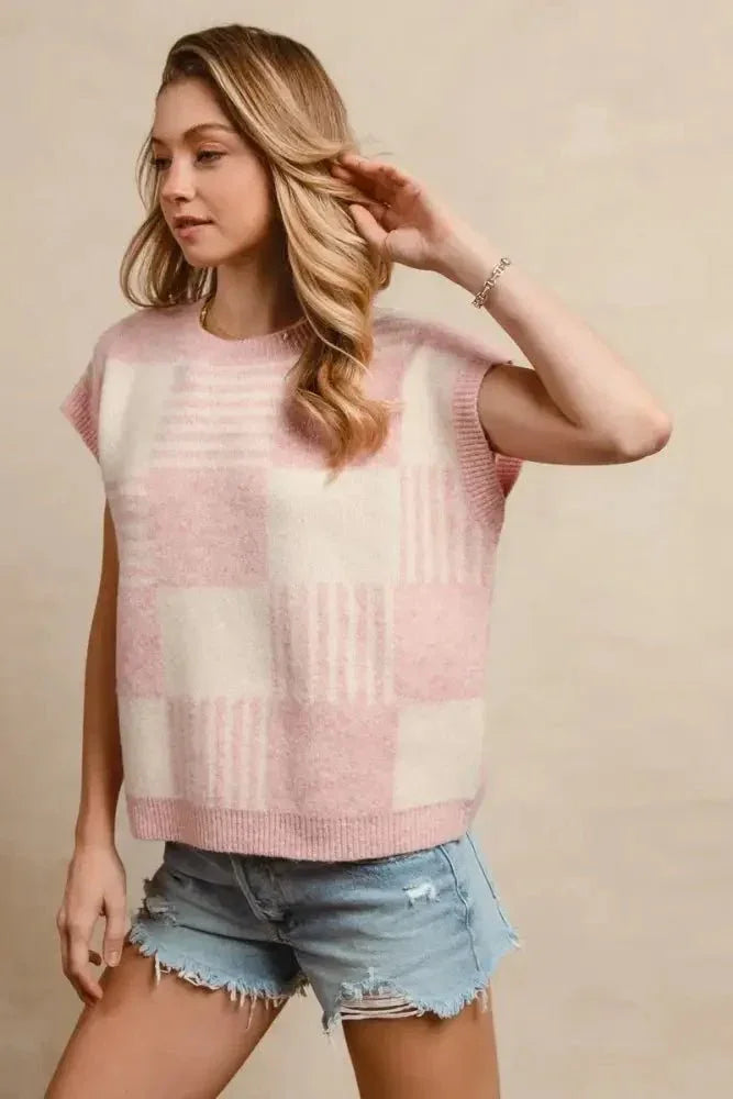 BiBi Checker With Stripes Pattern Sleeveless Sweater - Update AvenueTrendsi1001004196913911001004196913916a6ab450e86645d79d3f968c102c813b - Max - OriginBLUSH/IVORY