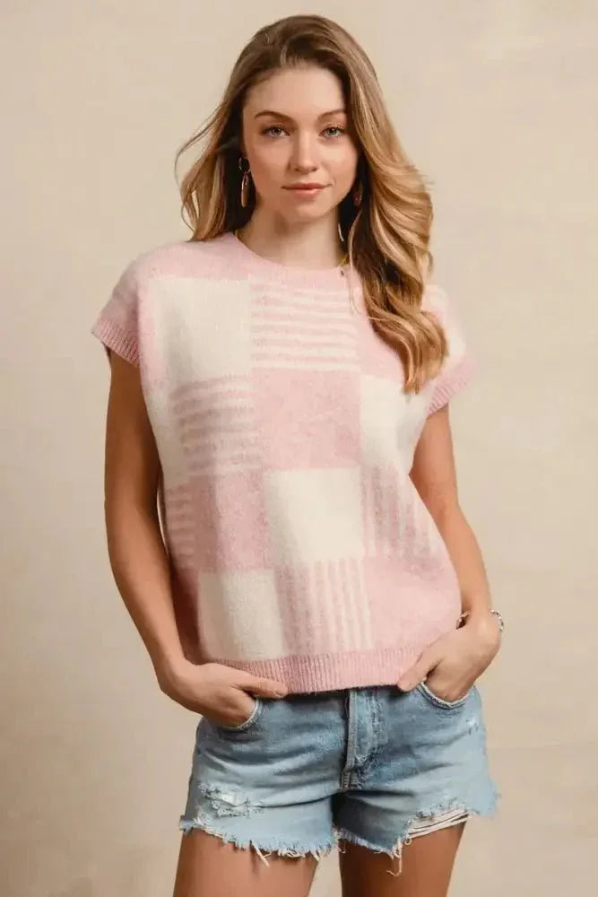 BiBi Checker With Stripes Pattern Sleeveless Sweater - Update AvenueTrendsi10010041969139110010041969139191493f5814db4ecd8d277a9511093fb7 - Max - OriginBLUSH/IVORY