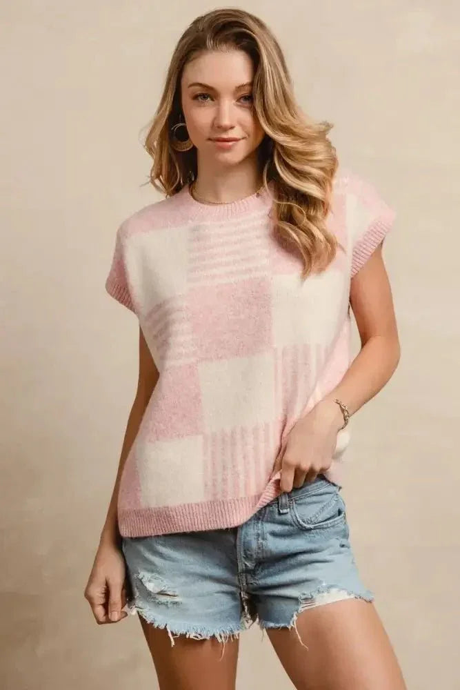 BiBi Checker With Stripes Pattern Sleeveless Sweater - Update AvenueTrendsi1001004196913911001004196913910dd0619f233143a68a715baf304d510d - Max - OriginBLUSH/IVORY