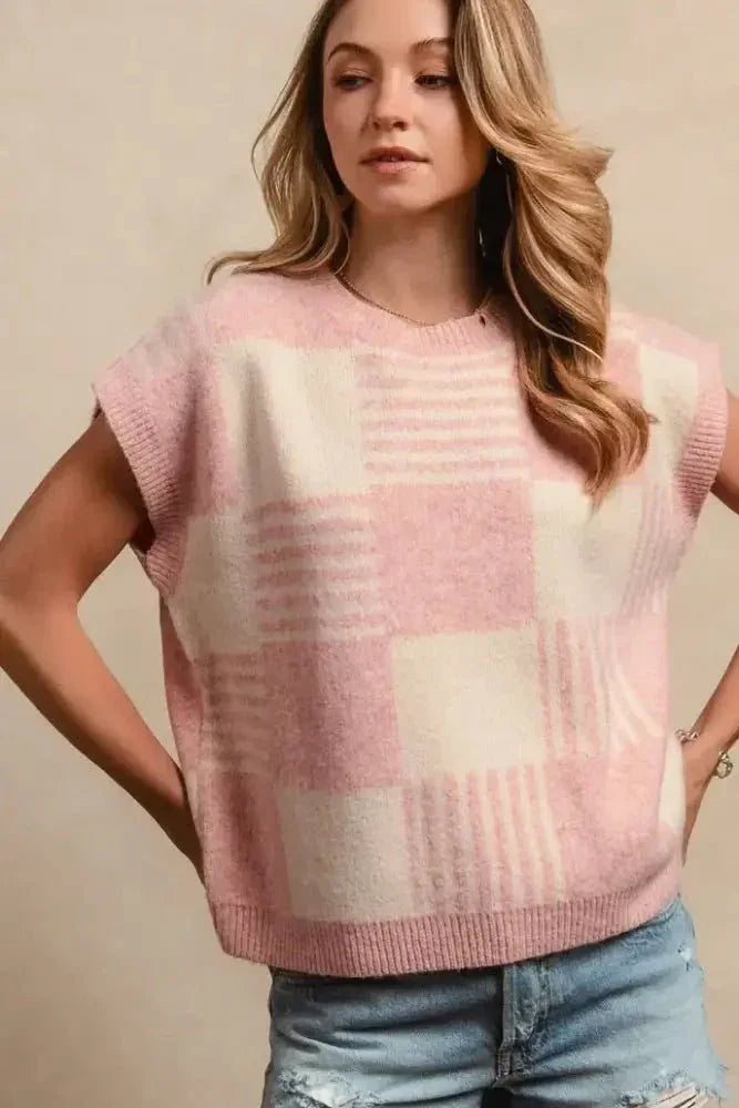 BiBi Checker With Stripes Pattern Sleeveless Sweater - Update AvenueTrendsi100100419691391100100419691391a069050c9e0a472dbbf4f4a0deacac09 - Max - OriginBLUSH/IVORY