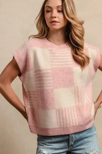 BiBi Checker With Stripes Pattern Sleeveless Sweater - Update AvenueTrendsi100100419691391100100419691391a069050c9e0a472dbbf4f4a0deacac09 - Max - OriginBLUSH/IVORY