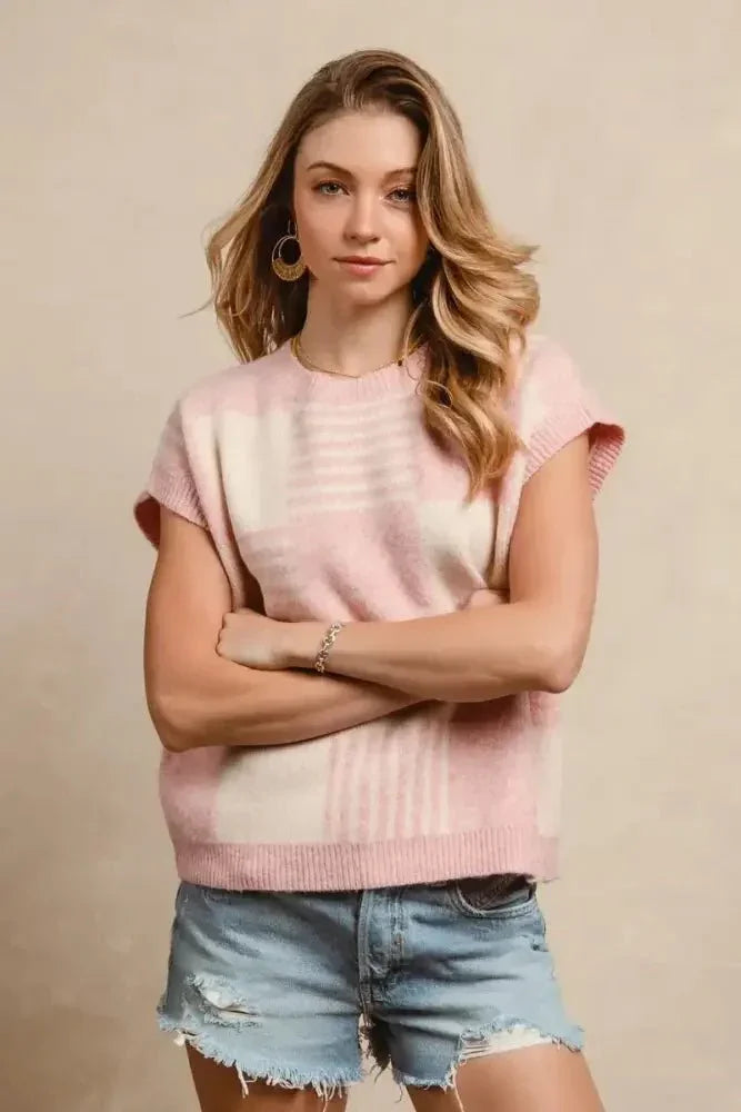 BiBi Checker With Stripes Pattern Sleeveless Sweater - Update AvenueTrendsi100100419691391100100419691391450ea2bb1bf741bfb011c7b288d185ee - Max - OriginBLUSH/IVORY