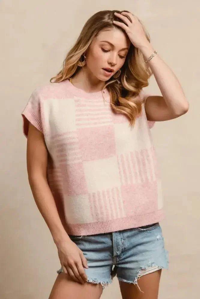 BiBi Checker With Stripes Pattern Sleeveless Sweater - Update AvenueTrendsi100100419691391100100419691391935320cfbe2f4e5f9b439245548e2769 - Max - OriginBLUSH/IVORY