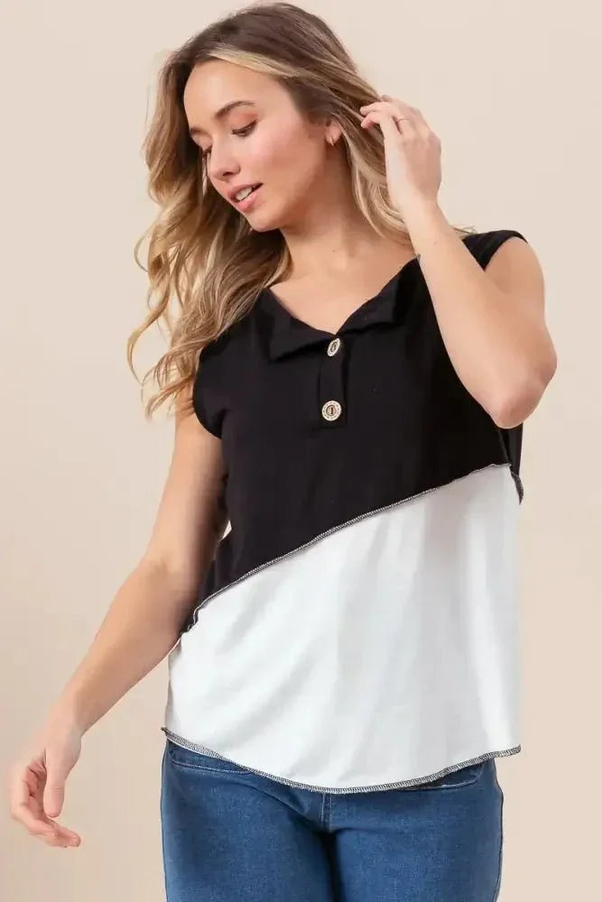 BiBi Color Block Contrast Stitching Buttoned Henley Top - Update AvenueT-ShirtsTrendsi10010011434155610010011434155635379d90e46243f9b0bbd428c30ffcc5 - Max - OriginBLACK/OFF WHITE