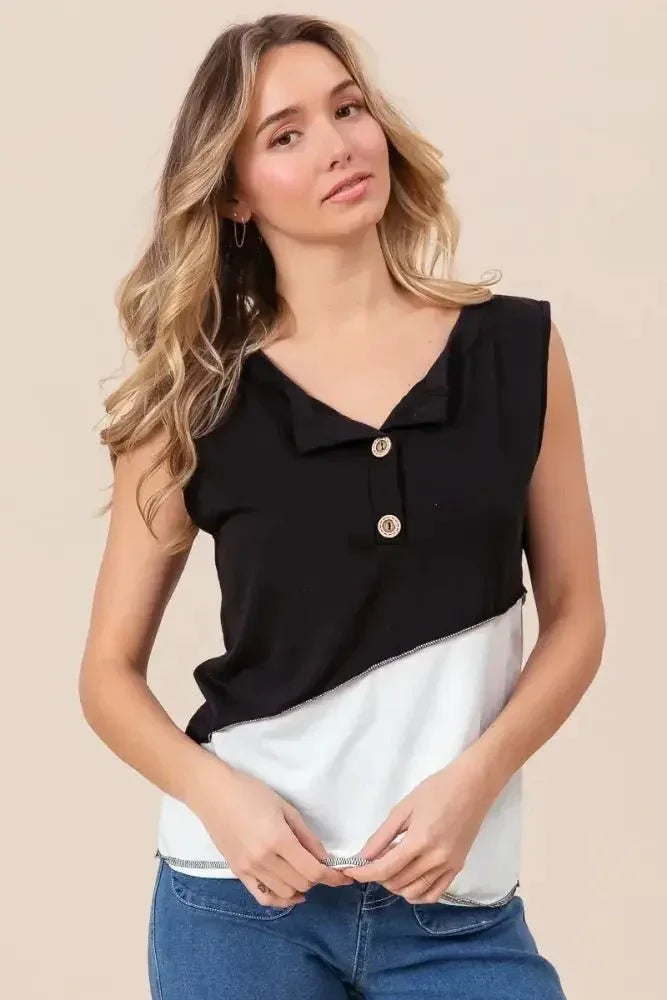 BiBi Color Block Contrast Stitching Buttoned Henley Top - Update AvenueT-ShirtsTrendsi1001001143415561001001143415563a491575b5c1496cab47aa77ec4a0222 - Max - OriginBLACK/OFF WHITE