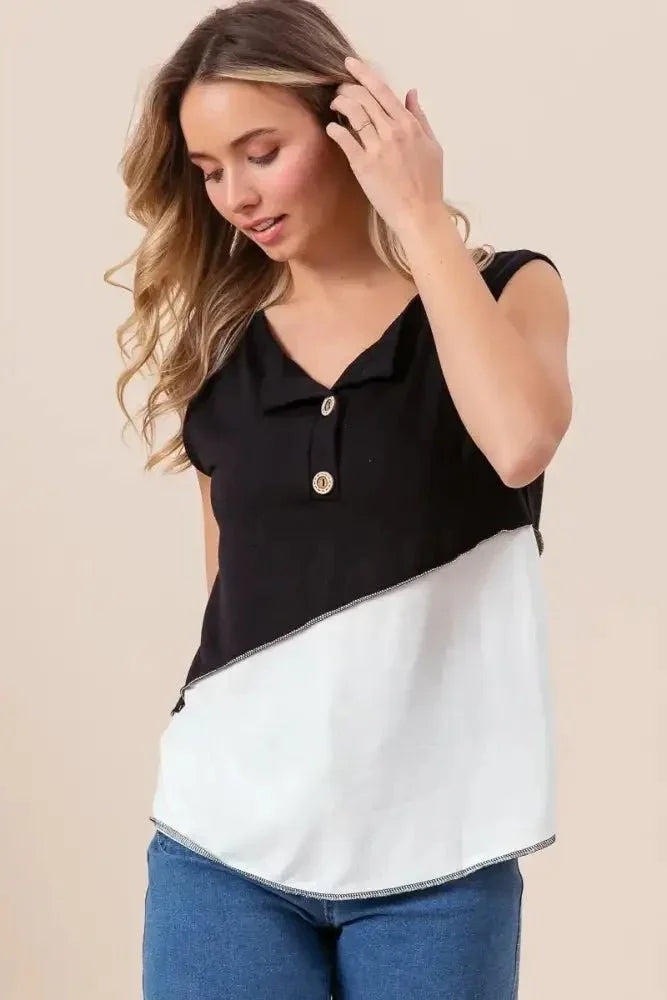 BiBi Color Block Contrast Stitching Buttoned Henley Top - Update AvenueT-ShirtsTrendsi100100114341556100100114341556b21e2d9d8e8a46228bf036fb2a4d9247 - Max - OriginBLACK/OFF WHITE