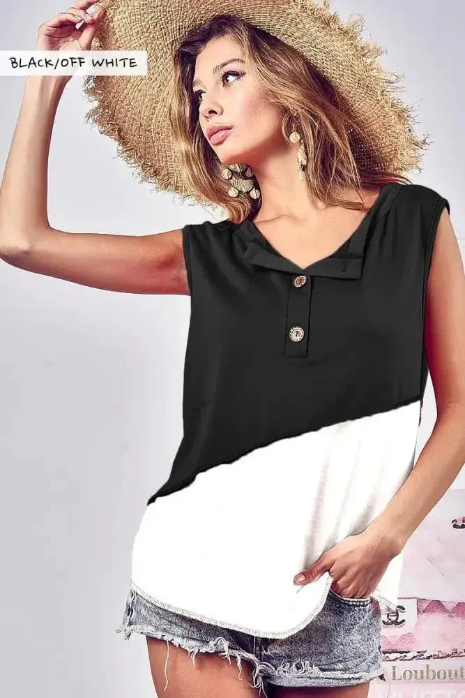 BiBi Color Block Contrast Stitching Buttoned Henley Top - Update AvenueT-ShirtsTrendsi1001001143415561001001143415566290d7313fdd494286f573b1414e2a9b - Max - OriginBLACK/OFF WHITE