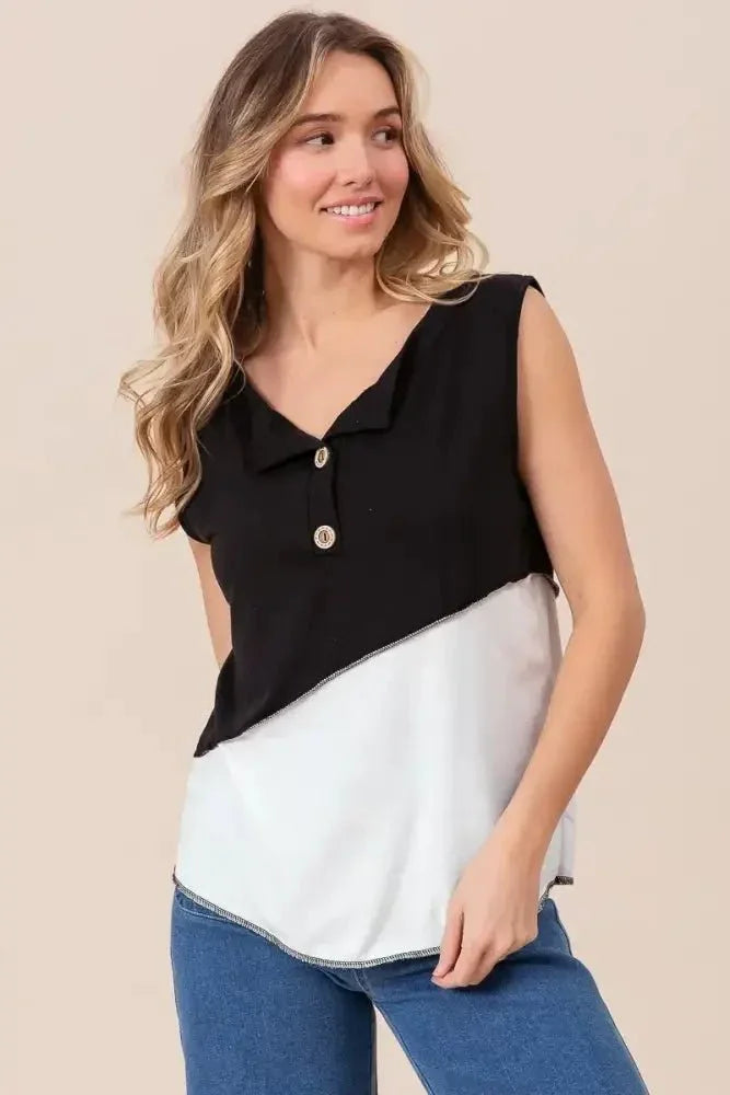 BiBi Color Block Contrast Stitching Buttoned Henley Top - Update AvenueT-ShirtsTrendsi100100114341556100100114341556f4be35ddff034386a1ca7b340f982b4f - Max - OriginBLACK/OFF WHITE