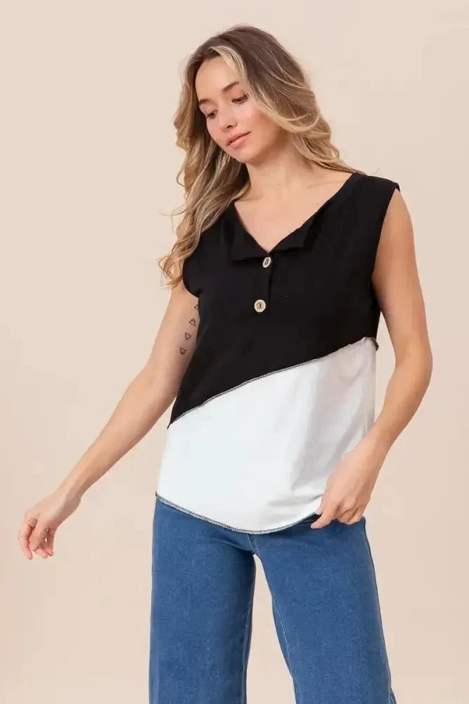 BiBi Color Block Contrast Stitching Buttoned Henley Top - Update AvenueT-ShirtsTrendsi100100114341556100100114341556287f1e74da544d7fb8a71bec821a343d - Max - OriginBLACK/OFF WHITE