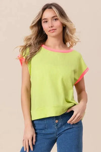 BiBi Cord Rib Knit Contrast Banded Top - Update AvenueT-ShirtsTrendsi100100806191478100100806191478016ccf80151e49b18bc21a10aca47682 - Max - OriginLIME/NEON PINK