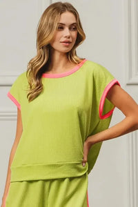 BiBi Cord Rib Knit Contrast Banded Top - Update AvenueT-ShirtsTrendsi10010080619147810010080619147819120eafb6eb42d29f491c324d9b1cdc - Max - OriginLIME/NEON PINK