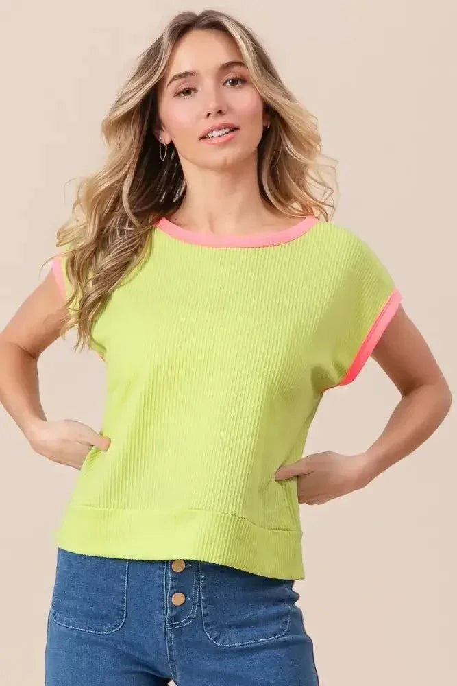 BiBi Cord Rib Knit Contrast Banded Top - Update AvenueT-ShirtsTrendsi100100806191478100100806191478fb3defdc70ca45dc887abb73c6d39292 - Max - OriginLIME/NEON PINK