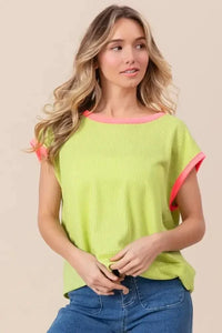 BiBi Cord Rib Knit Contrast Banded Top - Update AvenueT-ShirtsTrendsi100100806191478100100806191478187c51e20f244c07a726520fdb721e34 - Max - OriginLIME/NEON PINK