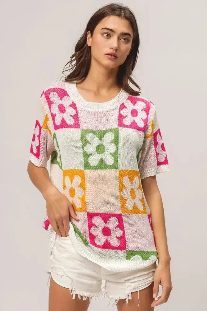 BiBi Flower Checker Pattern Lightweight Sweater Top - Update AvenueTrendsi10010014375187210010014375187257f959e9fd464cc99bc0afcbbea6608e - Max - OriginIVRY/FUCH/OLIVE/MUST