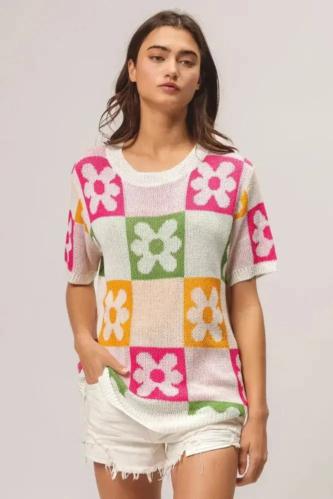 BiBi Flower Checker Pattern Lightweight Sweater Top - Update AvenueTrendsi1001001437518721001001437518723aa5d000ee524aa2958c990067de4d53 - Max - OriginIVRY/FUCH/OLIVE/MUST