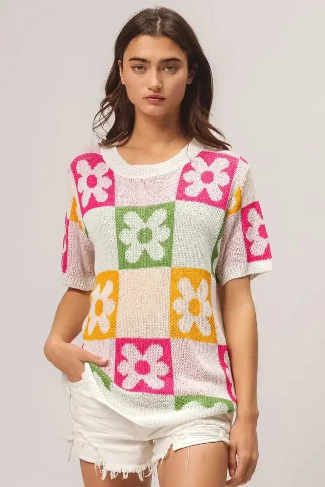 BiBi Flower Checker Pattern Lightweight Sweater Top - Update AvenueTrendsi10010014375187210010014375187272c3b61b14c542e9a88b1b1806c2d58b - Max - OriginIVRY/FUCH/OLIVE/MUST