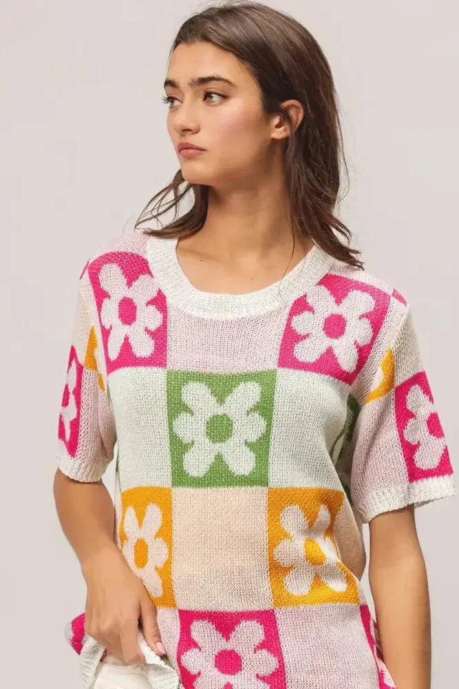BiBi Flower Checker Pattern Lightweight Sweater Top - Update AvenueTrendsi100100143751872100100143751872c4b9166c51264a628e18207e8127945e - Max - OriginIVRY/FUCH/OLIVE/MUST