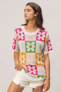 BiBi Flower Checker Pattern Lightweight Sweater Top - Update AvenueTrendsi100100143751872100100143751872ec46fcefadc047e193336fd5804461d2 - Max - OriginIVRY/FUCH/OLIVE/MUST