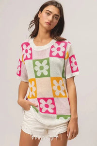 BiBi Flower Checker Pattern Lightweight Sweater Top - Update AvenueTrendsi1001001437518721001001437518729c8e3f454f544948a568057200693edc - Max - OriginIVRY/FUCH/OLIVE/MUST