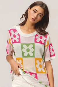 BiBi Flower Checker Pattern Lightweight Sweater Top - Update AvenueTrendsi1001001437518721001001437518720706e308a2644abdbe0a0e67d1e20f12 - Max - OriginIVRY/FUCH/OLIVE/MUST