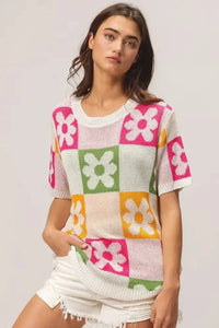 BiBi Flower Checker Pattern Lightweight Sweater Top - Update AvenueTrendsi1001001437518721001001437518727359c7645ee6421b820994db33c3cf2b - Max - OriginIVRY/FUCH/OLIVE/MUST