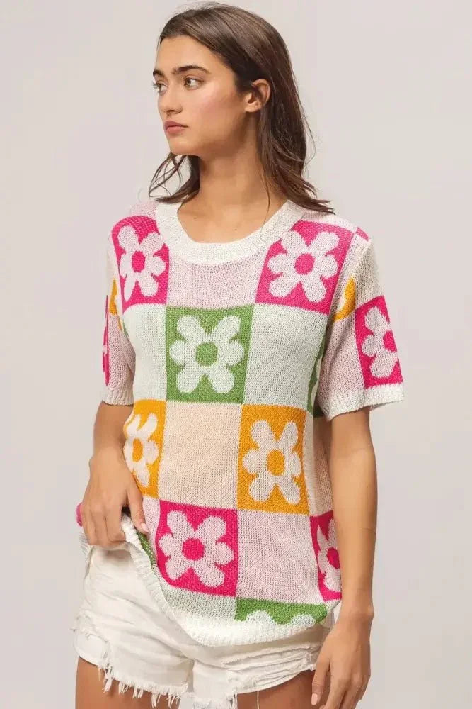 BiBi Flower Checker Pattern Lightweight Sweater Top - Update AvenueTrendsi100100143751872100100143751872af54239b4b6d4d90a6603e4ef10fc509 - Max - OriginIVRY/FUCH/OLIVE/MUST