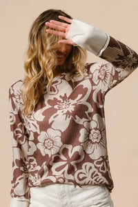 BiBi Flower Printed Waffle Thumb Opening Top - Update AvenueT-ShirtsTrendsi100100406221684100100406221684e7df1b333fb847dc95c66490e884607b - Max - OriginMOCHA