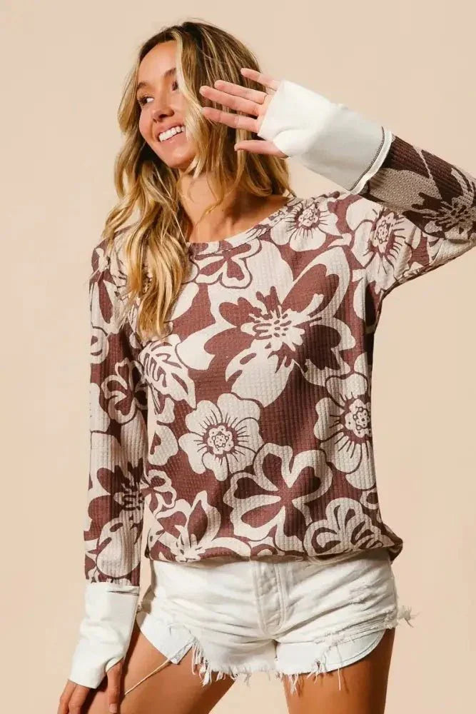 BiBi Flower Printed Waffle Thumb Opening Top - Update AvenueT-ShirtsTrendsi10010040622168410010040622168499222ddee05947a7847813bf0ab24f4b - Max - OriginMOCHA