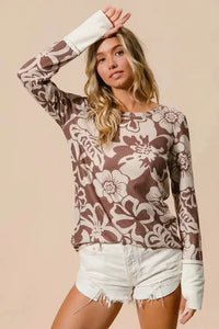 BiBi Flower Printed Waffle Thumb Opening Top - Update AvenueT-ShirtsTrendsi1001004062216841001004062216846370d715ca054badaa50d52c1fa5545c - Max - OriginMOCHA