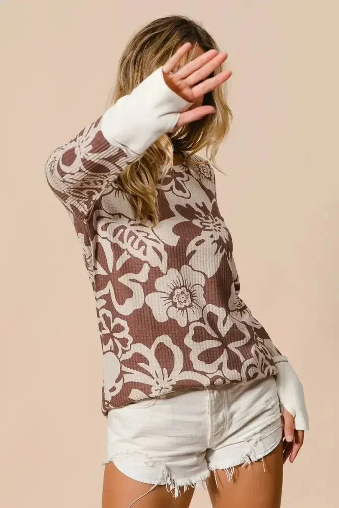 BiBi Flower Printed Waffle Thumb Opening Top - Update AvenueT-ShirtsTrendsi10010040622168410010040622168451bae116f18d40d3b10cd84243c1abd2 - Max - OriginMOCHA