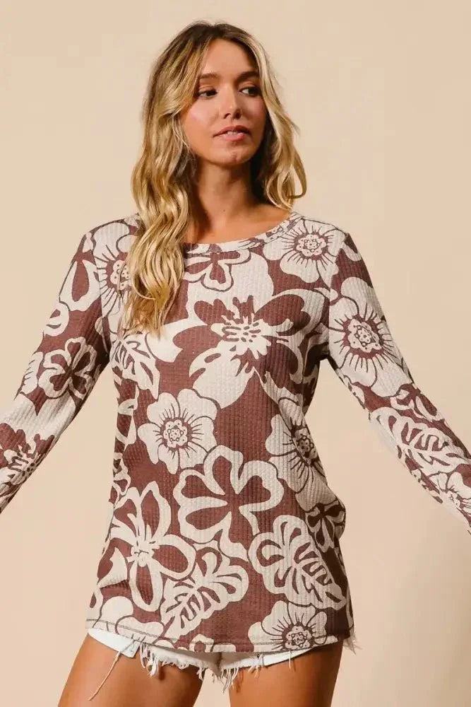 BiBi Flower Printed Waffle Thumb Opening Top - Update AvenueT-ShirtsTrendsi10010040622168410010040622168428353b3a38f94cc2ab3e6d2a48601768 - Max - OriginMOCHA