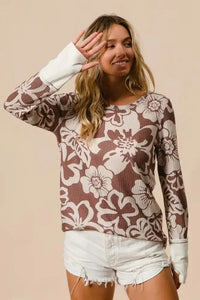 BiBi Flower Printed Waffle Thumb Opening Top - Update AvenueT-ShirtsTrendsi1001004062216841001004062216848d64443d77684eeaa847e169066dba45 - Max - OriginMOCHA