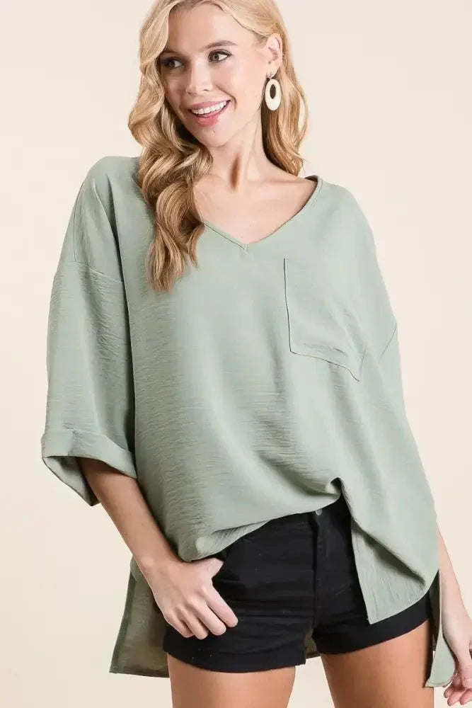 BiBi Flowy Woven V - Neck Top with Rolled Up Cuffs - Update AvenueDaily EssentialsTrendsi100100278861071100100278861071a0173d5e792640daa8c078f5c062dd21 - Max - OriginSAGE