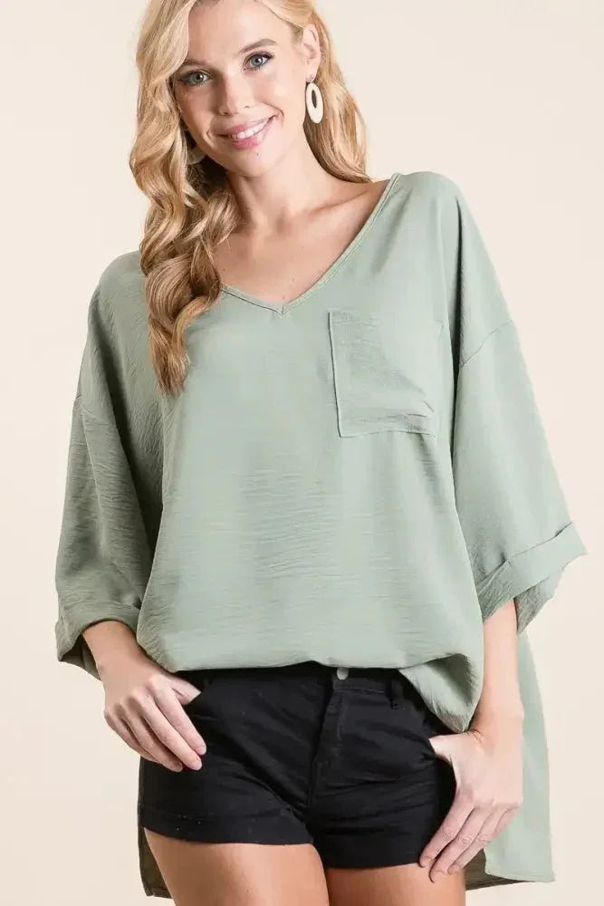 BiBi Flowy Woven V - Neck Top with Rolled Up Cuffs - Update AvenueDaily EssentialsTrendsi100100278861071100100278861071c070503da875469db16b63cba83280d3 - Max - OriginSAGE