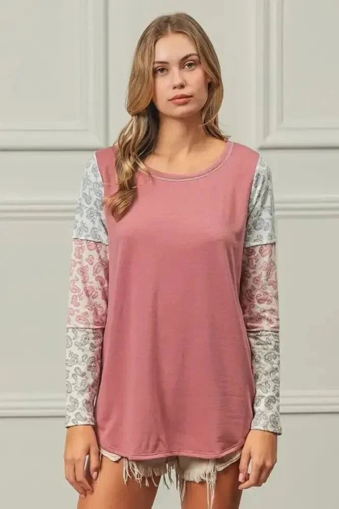 BiBi French Terry with Paisley Triblend Color Block - Update AvenueT-ShirtsTrendsi1001009417414161001009417414165070b82fb16d4fb383e72c2fc603b266 - Max - OriginMAUVE