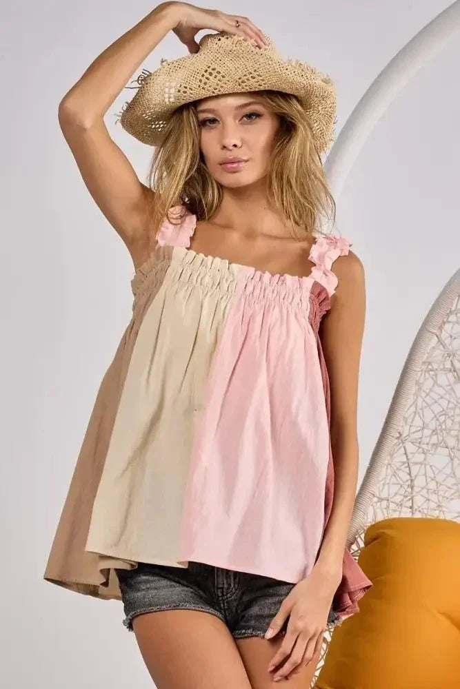 BiBi Frill Shoulder Strap Color Block Bodice Top - Update AvenueTrendsi1001003430512521001003430512520ab7b13a5f4142028d1aafe2bd7a643f - Max - OriginTAUPE/PINK/MARSALA