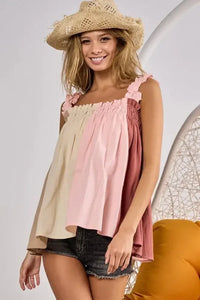 BiBi Frill Shoulder Strap Color Block Bodice Top - Update AvenueTrendsi10010034305125210010034305125236ed8ab7a0794297b2f9f2ab5decdf95 - Max - OriginTAUPE/PINK/MARSALA