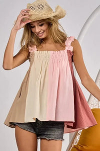 BiBi Frill Shoulder Strap Color Block Bodice Top - Update AvenueTrendsi10010034305125210010034305125230e52f9778d84ce3823b2e1a6f1f6f5f - Max - OriginTAUPE/PINK/MARSALA