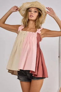 BiBi Frill Shoulder Strap Color Block Bodice Top - Update AvenueTrendsi100100343051252100100343051252992de82d6c874b94a4ccb6d8d7a9d86c - Max - OriginTAUPE/PINK/MARSALA
