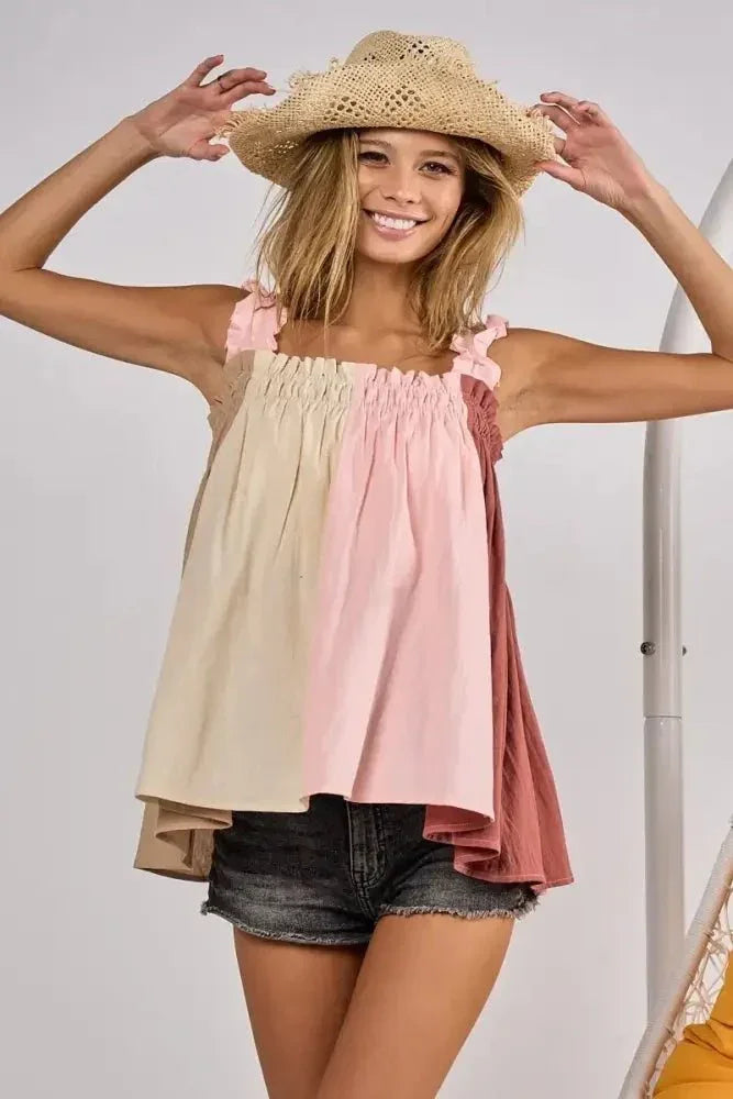 BiBi Frill Shoulder Strap Color Block Bodice Top - Update AvenueTrendsi1001003430512521001003430512526a59dd7da7af456cb2af29562a951b50 - Max - OriginTAUPE/PINK/MARSALA