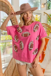 BiBi Game Day Sequins Patched Half Sleeves Top - Update AvenueT-ShirtsTrendsi10010063835189710010063835189785d49a403622438c8ce833d40bb001bf - Max - OriginHOT PINK