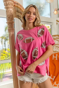 BiBi Game Day Sequins Patched Half Sleeves Top - Update AvenueT-ShirtsTrendsi100100638351897100100638351897a3a4796cefc64155a931996d3c8a6c8d - Max - OriginHOT PINK