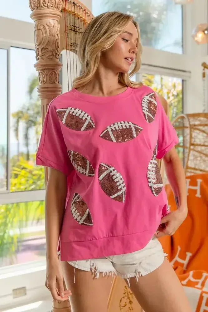 BiBi Game Day Sequins Patched Half Sleeves Top - Update AvenueT-ShirtsTrendsi1001006383518971001006383518972230ac823df0410bbdf9d111fc435848 - Max - OriginHOT PINK