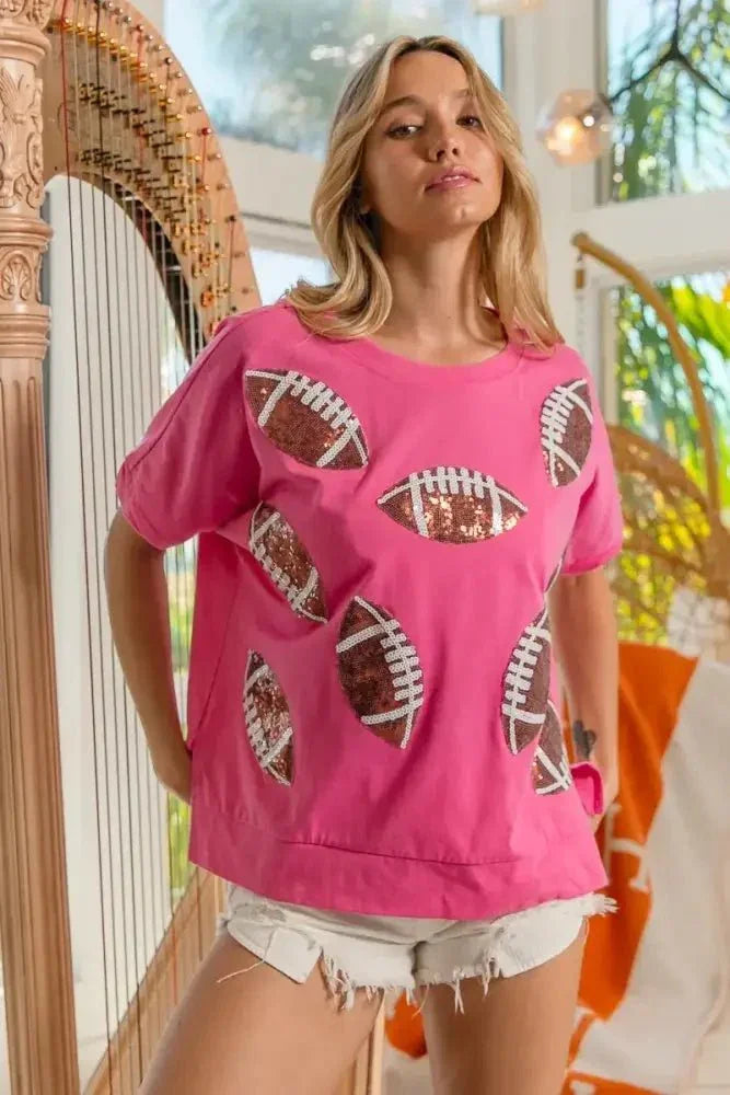 BiBi Game Day Sequins Patched Half Sleeves Top - Update AvenueT-ShirtsTrendsi100100638351897100100638351897cdd1b2b2a24747e3b0776ee8c40f2275 - Max - OriginHOT PINK