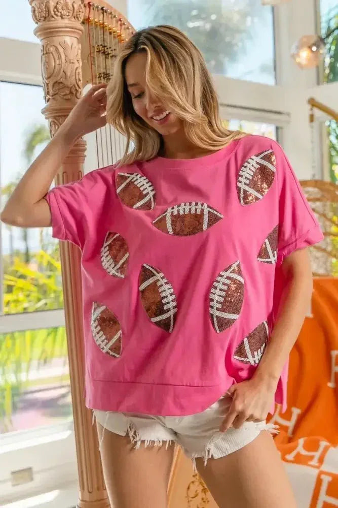 BiBi Game Day Sequins Patched Half Sleeves Top - Update AvenueT-ShirtsTrendsi100100638351897100100638351897499c9bccca6b4fddb760d1adf60b051e - Max - OriginHOT PINK