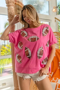 BiBi Game Day Sequins Patched Half Sleeves Top - Update AvenueT-ShirtsTrendsi100100638351897100100638351897499c9bccca6b4fddb760d1adf60b051e - Max - OriginHOT PINK