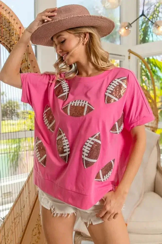 BiBi Game Day Sequins Patched Half Sleeves Top - Update AvenueT-ShirtsTrendsi1001006383518971001006383518972573e01283fb4046a285a82f9ce5d2d9 - Max - OriginHOT PINK
