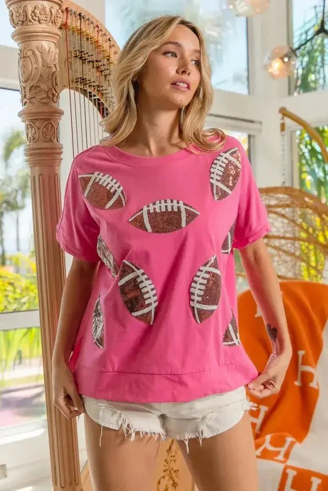 BiBi Game Day Sequins Patched Half Sleeves Top - Update AvenueT-ShirtsTrendsi100100638351897100100638351897391343ec2e3545959cdce781336b0538 - Max - OriginHOT PINK