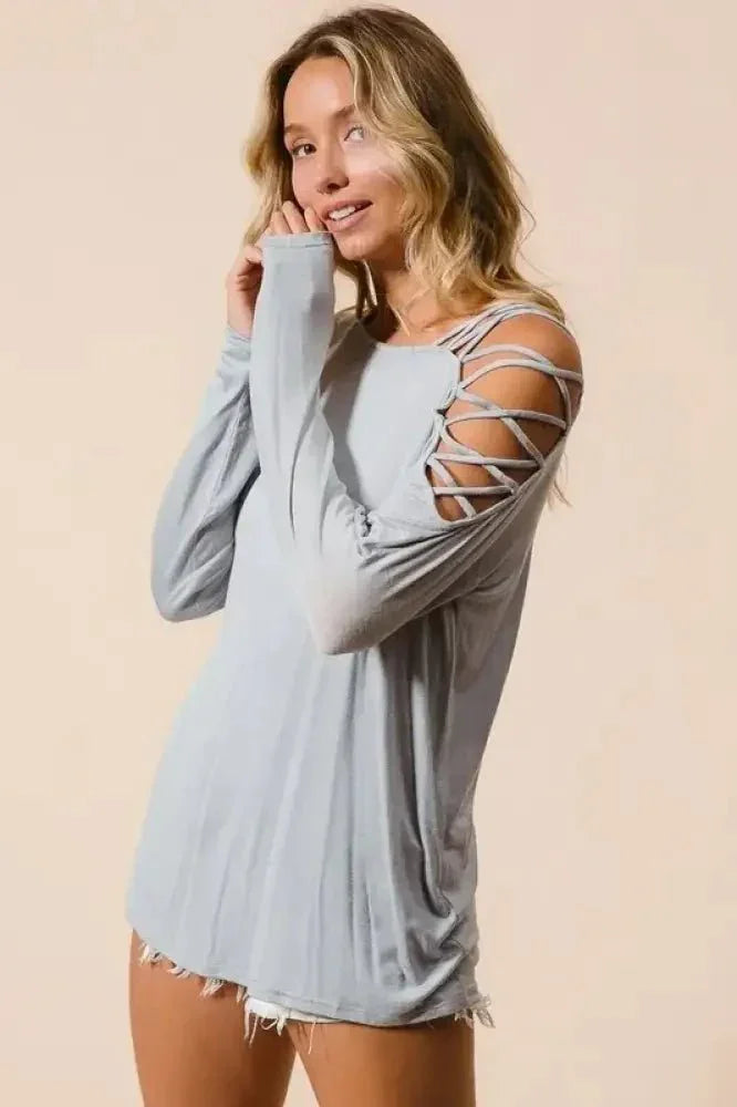 BiBi Jersey Knit One Shoulder Top with Criss Cross - Update AvenueT-ShirtsTrendsi1001004282014421001004282014423bc87afad4754904ab38d313d9896a56 - Max - OriginHEATHER GREY