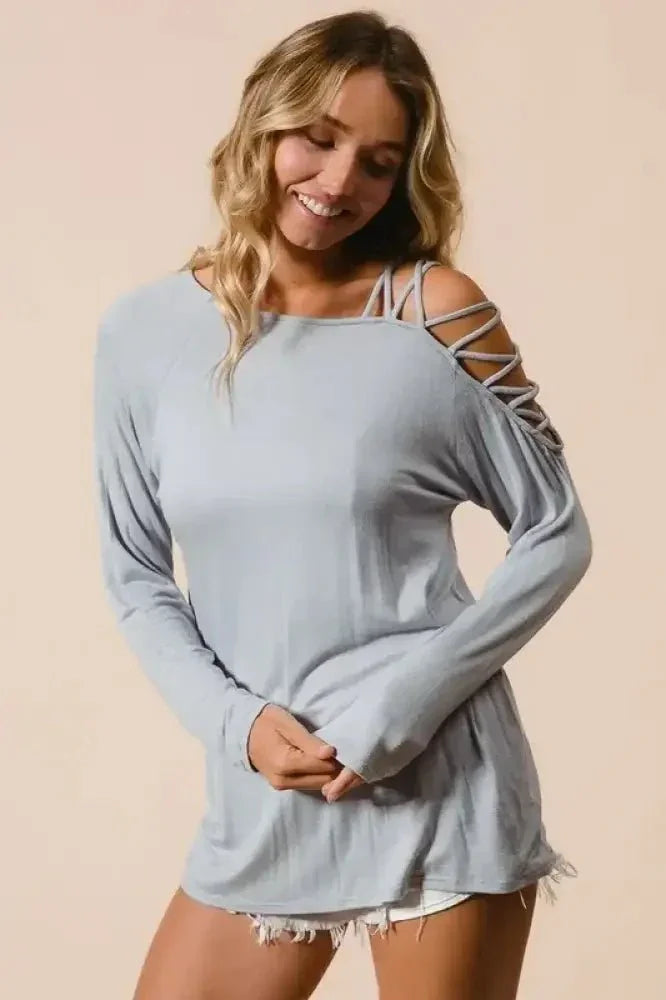 BiBi Jersey Knit One Shoulder Top with Criss Cross - Update AvenueT-ShirtsTrendsi100100428201442100100428201442df3d48638ba04375a9a44f40e9a0da88 - Max - OriginHEATHER GREY